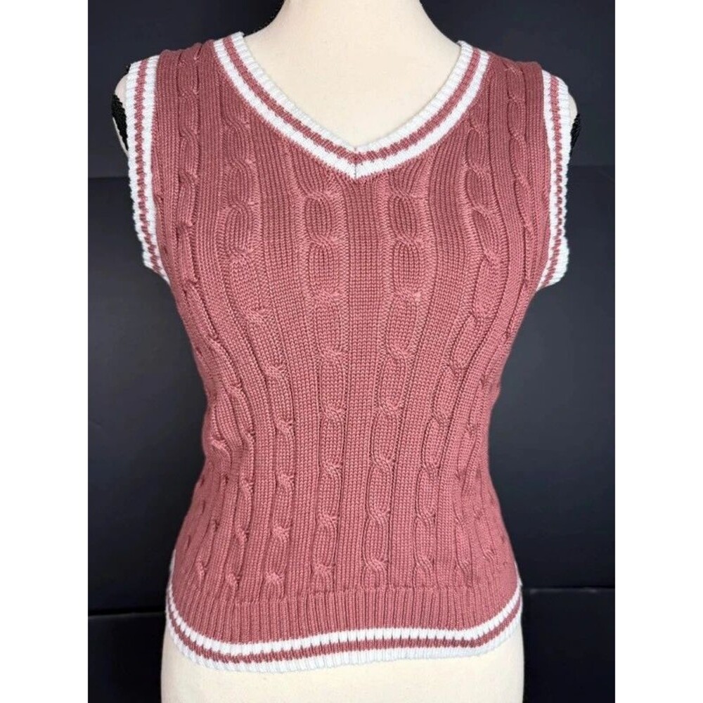 Love Tree Sweater Vest Preppy Academia Cable Knit V Neck Dusty Rose White S